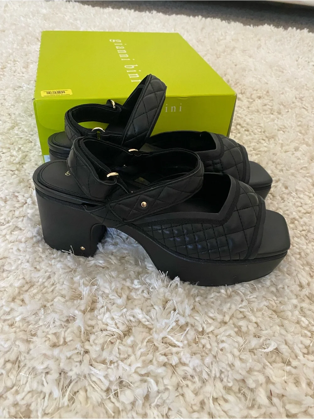 Gianni Bini Zoeyy Black Quilted Platform Strap Sandals